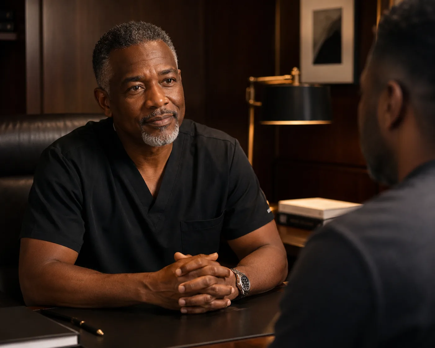 A physician in dark scrubs talking with a patient across a desk in a warm office