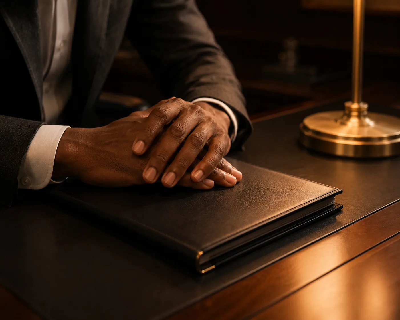 A patient's folded hands resting on a leather folder on a lamplit desk