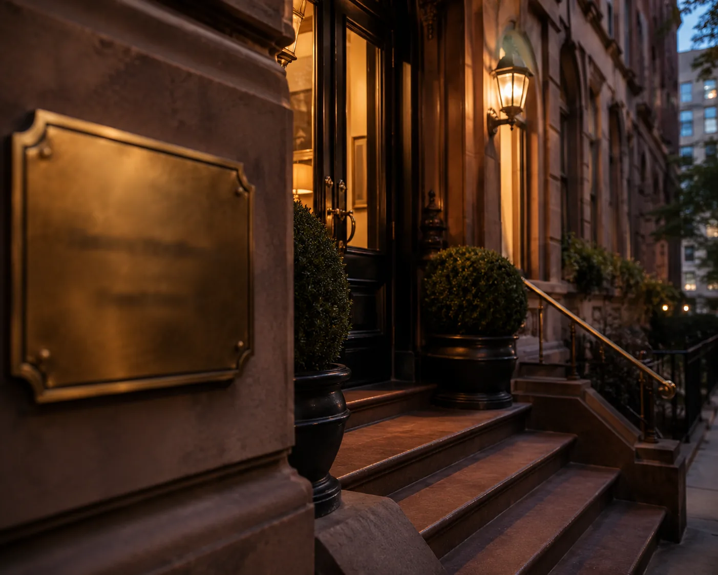 A brass plaque at a Manhattan brownstone medical entrance at dusk