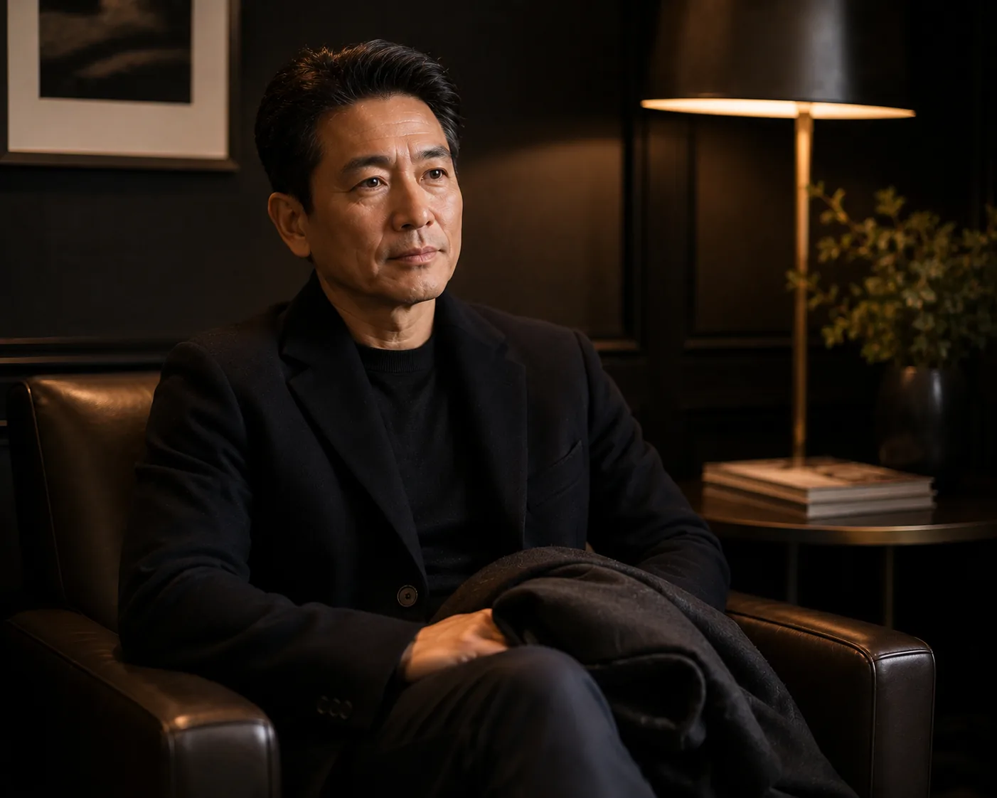 A composed man seated in a waiting room armchair in warm lamplight