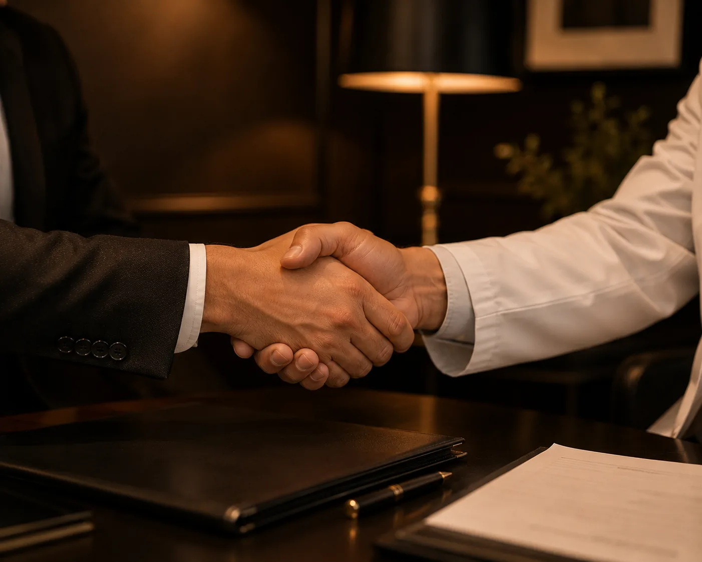 A handshake across a desk between patient and physician in warm light