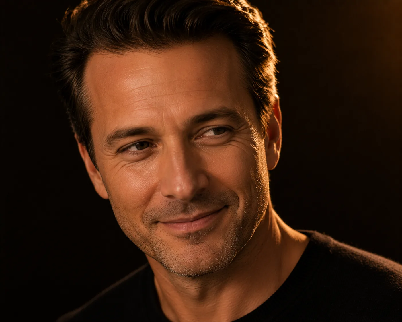 A relaxed middle-aged man smiling naturally, his expression intact