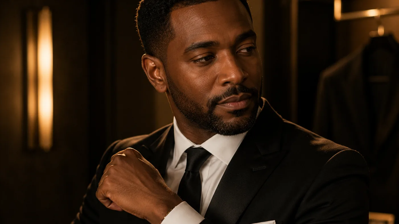 A man in a dark suit adjusting his cufflink in a warm-lit lounge