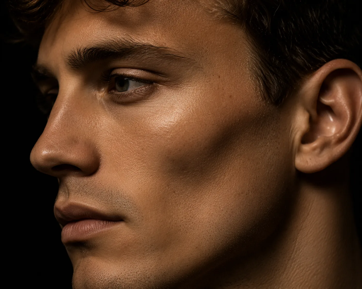 Close side view of a man's cheek and jaw contour in warm shadow