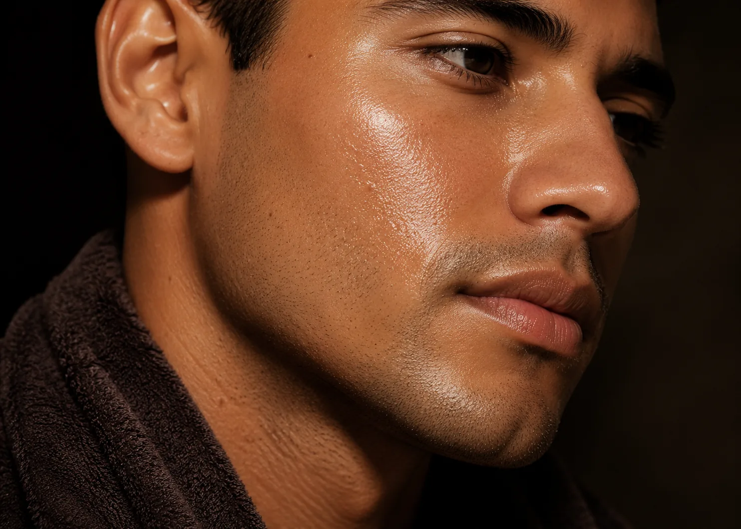 Profile of a man with fresh, even skin and a towel over his shoulders