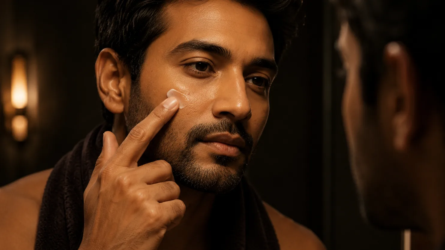 A man applying skincare to his cheek in front of a mirror