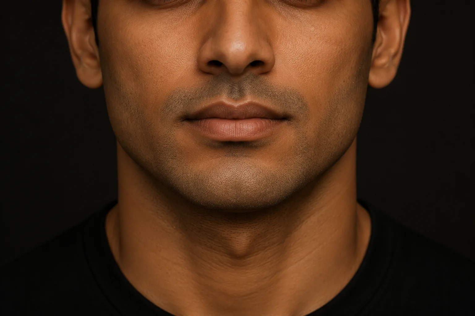 Frontal close view of a man's chin and jawline in even, warm light