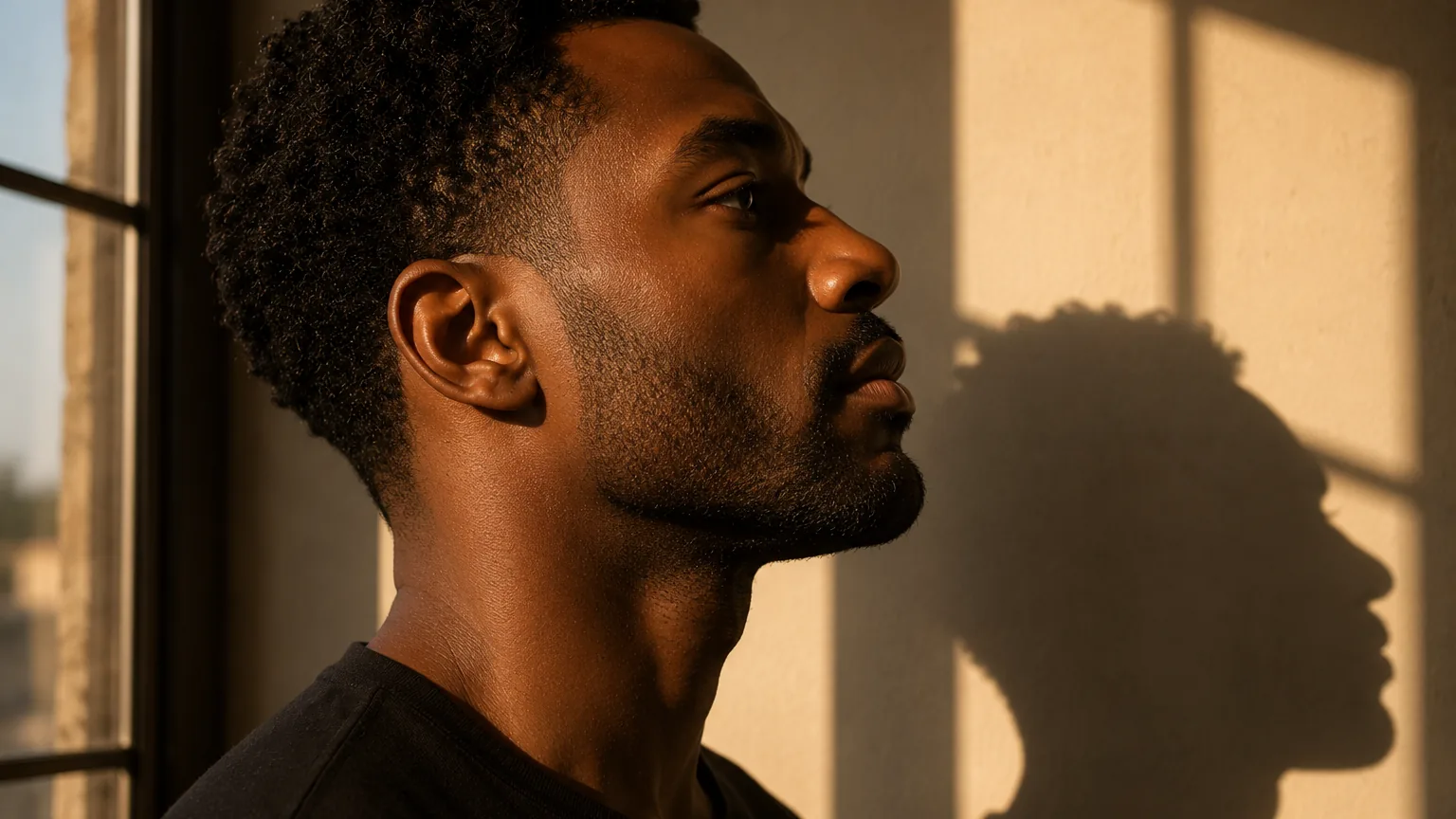 Profile of a man at a window at golden hour, his shadow cast on the wall