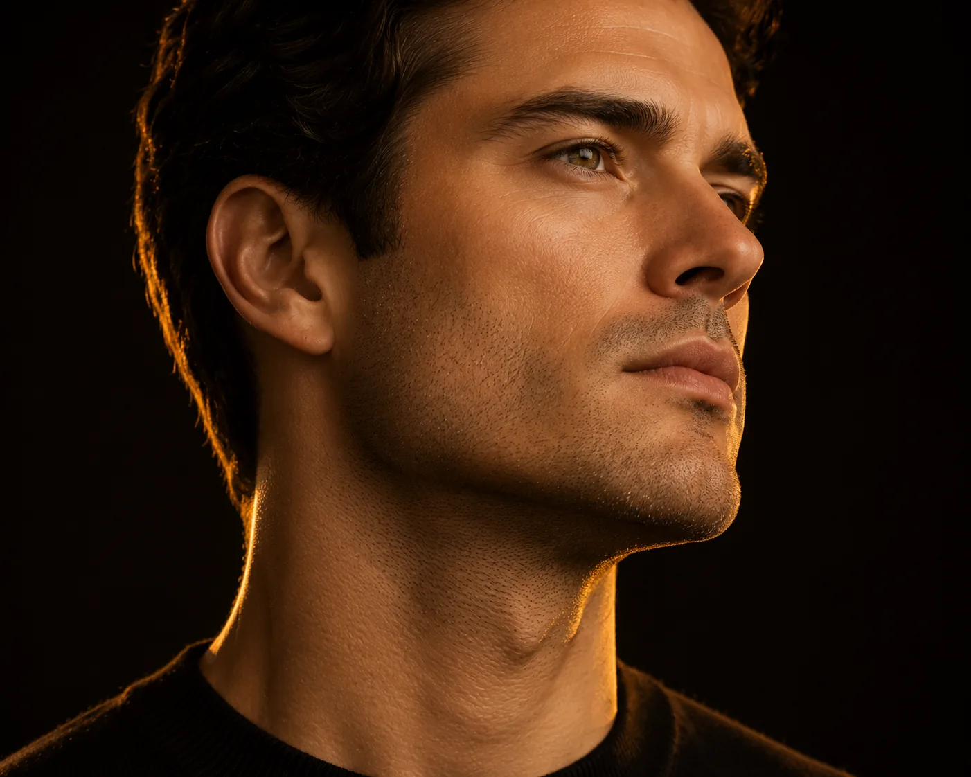 Three-quarter portrait of a man with his chin lifted, the jawline rim-lit in gold