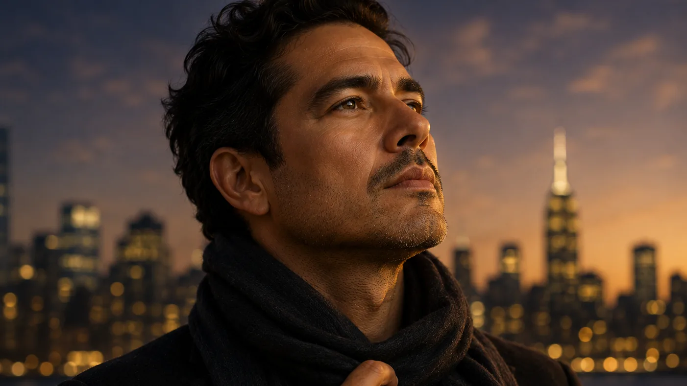 A man in a scarf and dark coat in front of the Manhattan skyline at dusk