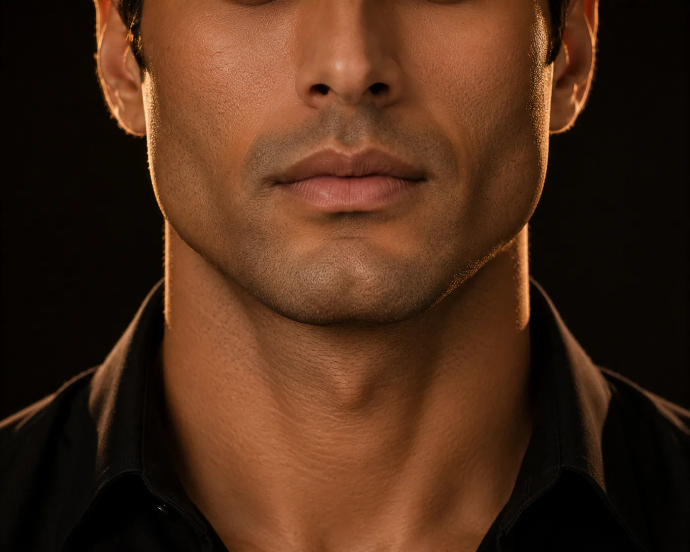 Frontal view of a man's balanced lower face and jawline in warm light