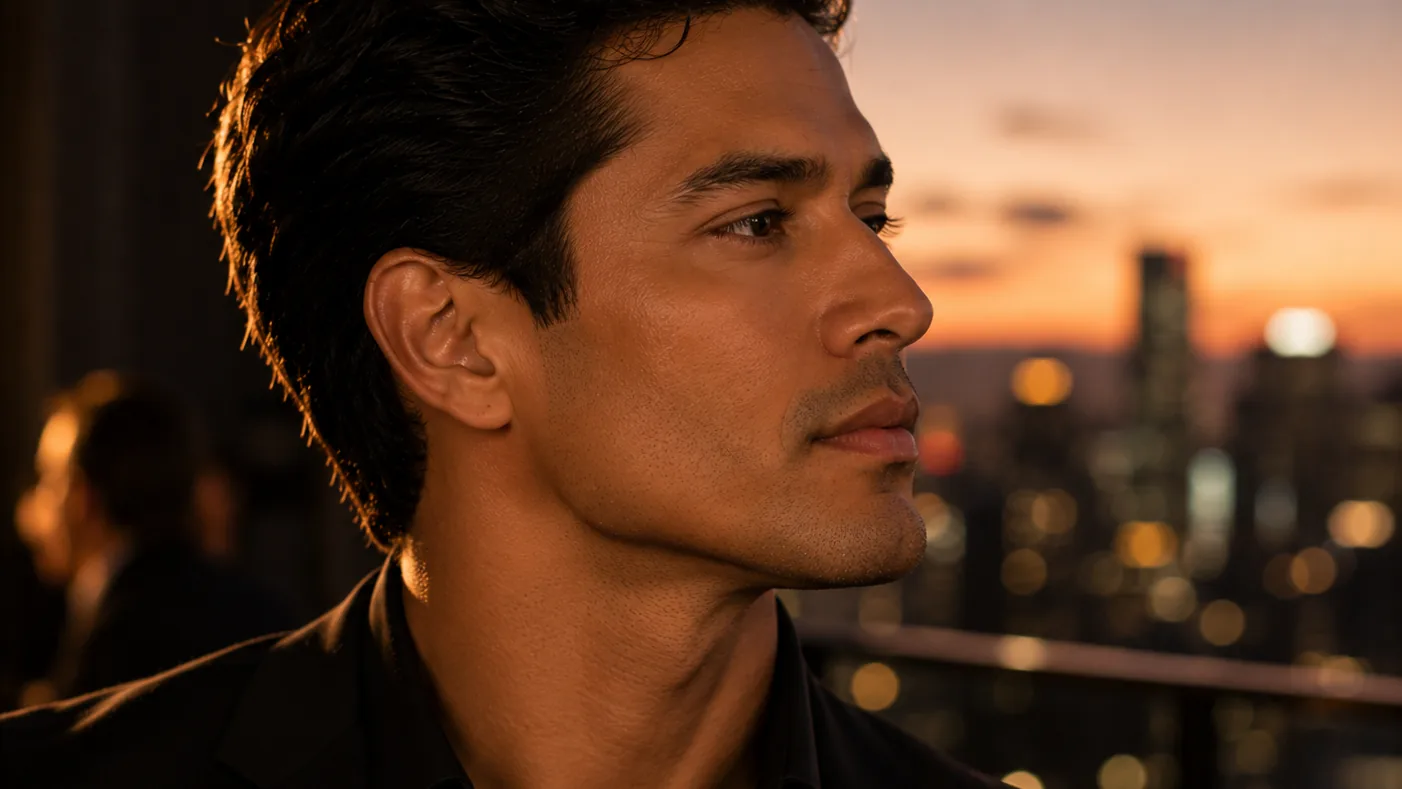 Profile of a man on a rooftop terrace at dusk, city lights behind him