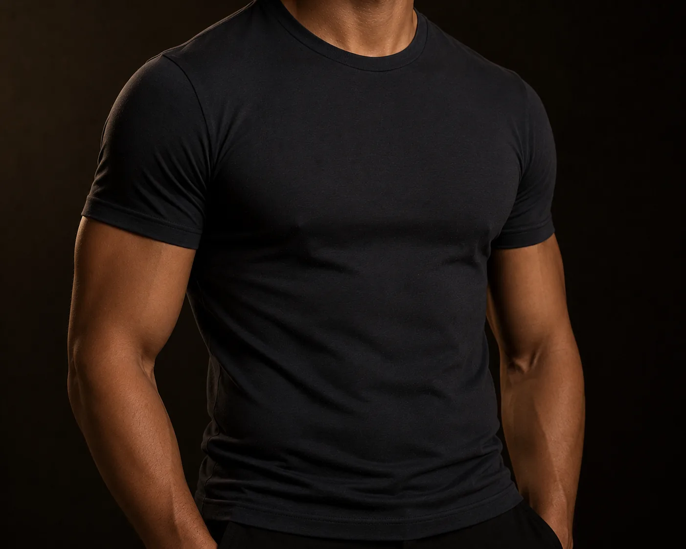A man standing relaxed in a fitted dark t-shirt against a dark backdrop
