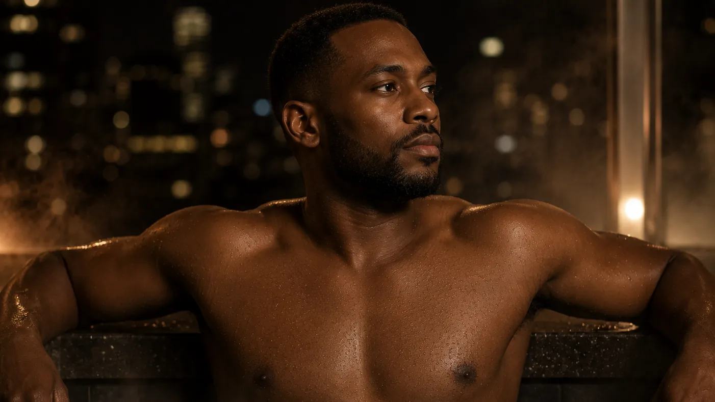 A man relaxing in a rooftop pool at night with city lights behind him