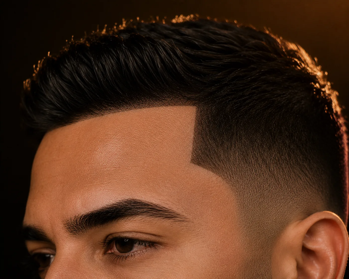 A man's full head of hair and natural temple line in warm studio light