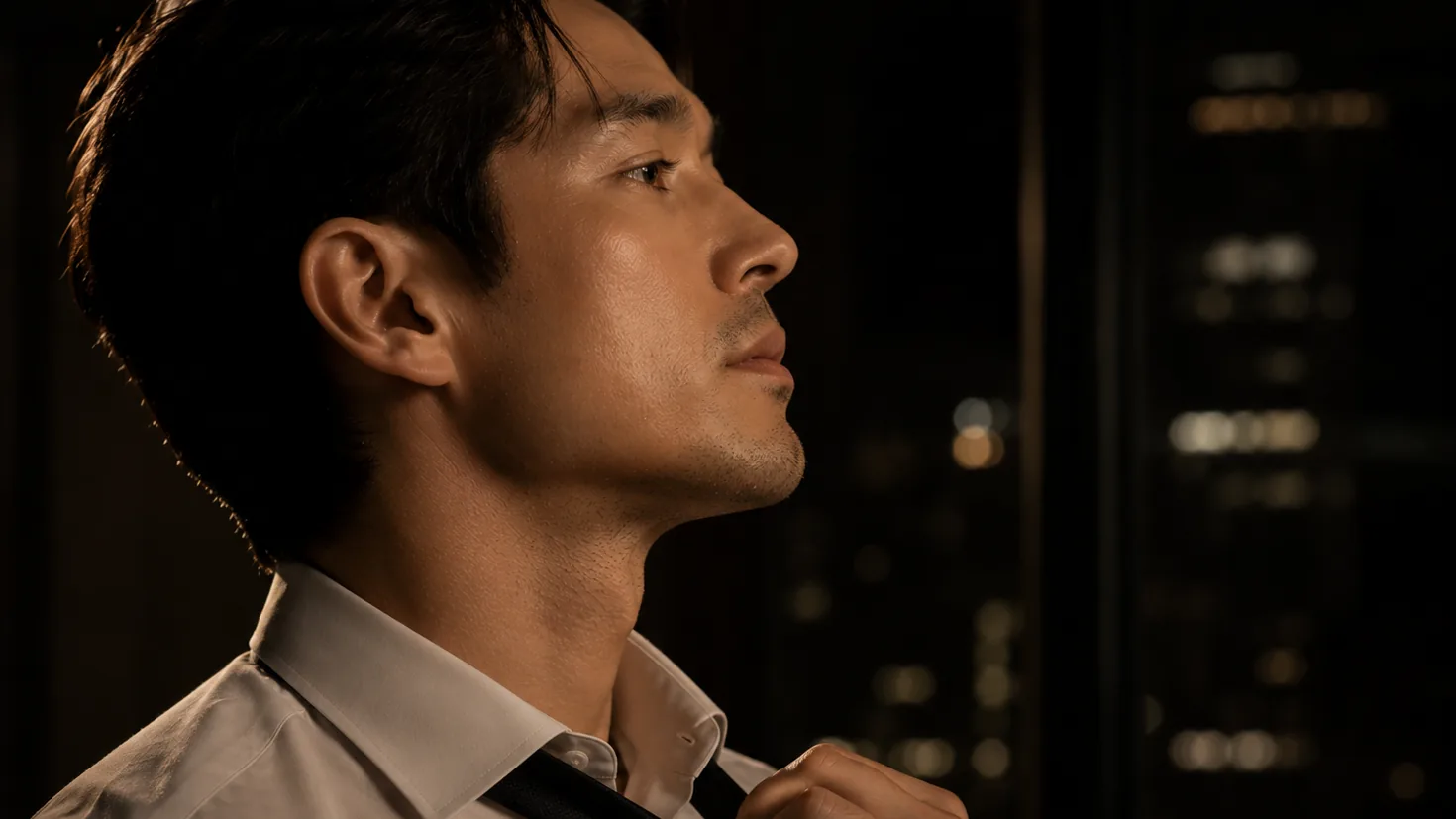 A man loosening his tie by a window overlooking the city at night