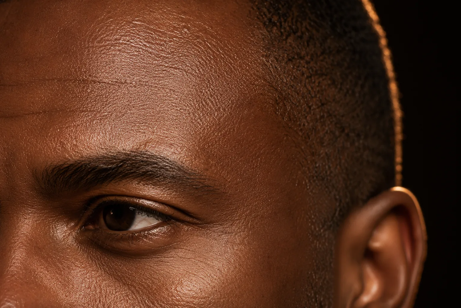 Extreme close view of a man's eye and refined skin in deep warm tones