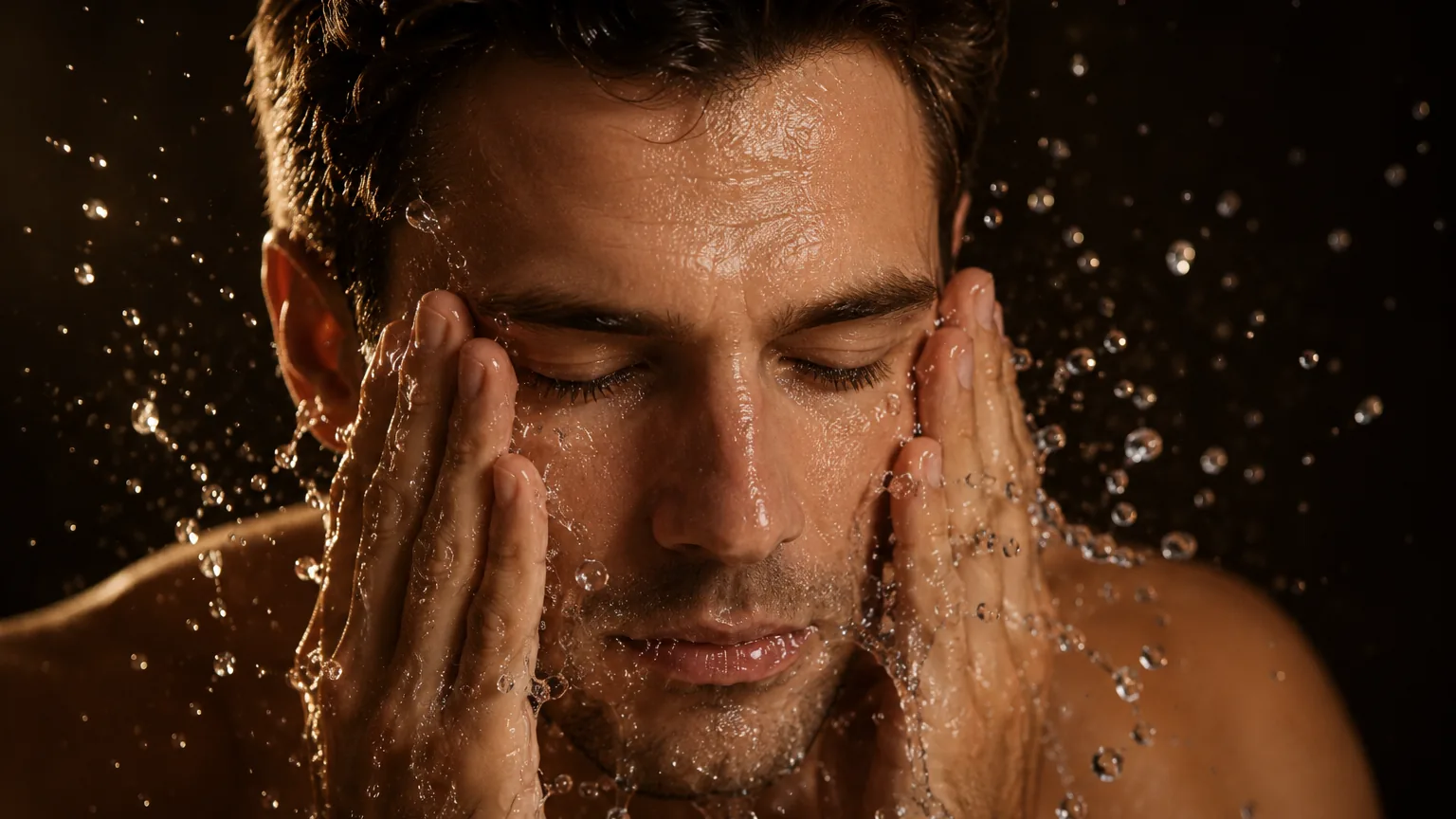 A man splashing water on his face, droplets caught in warm light