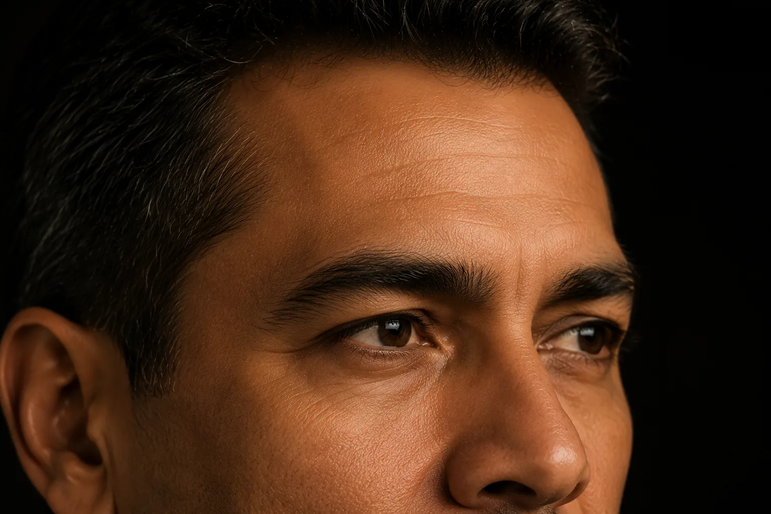 Side view of a man's brow and eye area in low, warm light