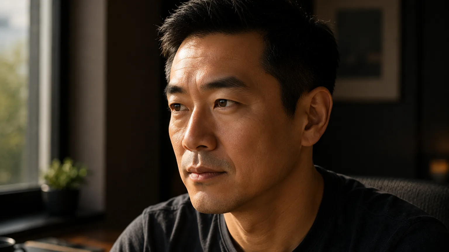 A man seated by a bright window in a warm study, morning light on his face