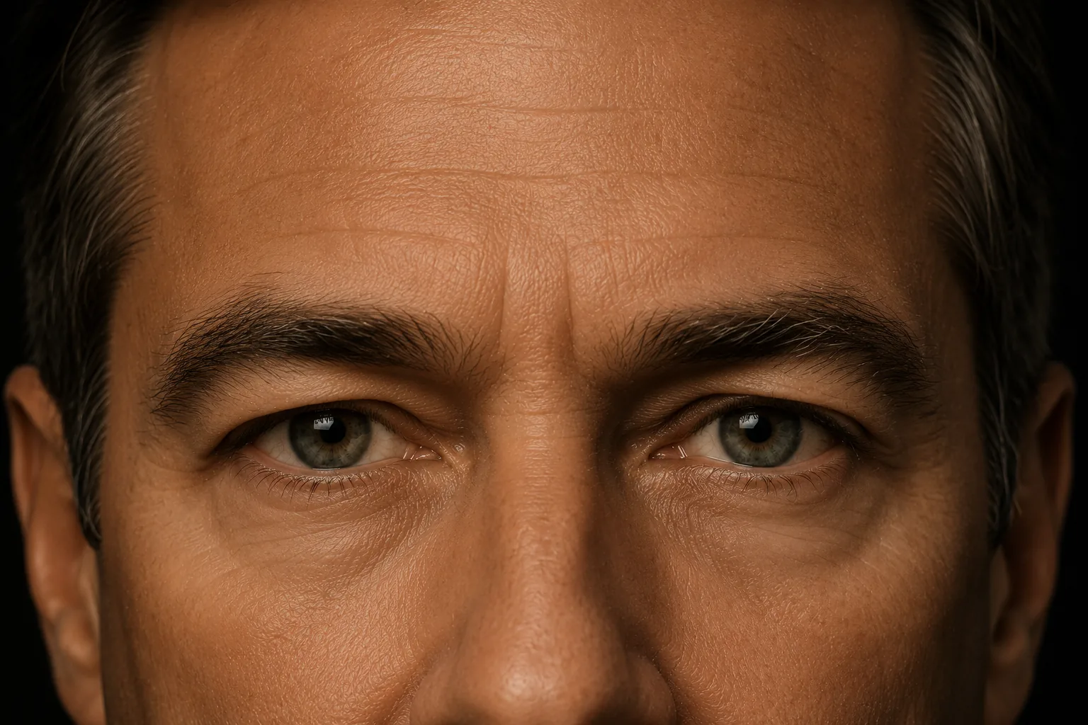 Close frontal view of a man's eyes and brow line in even, warm light