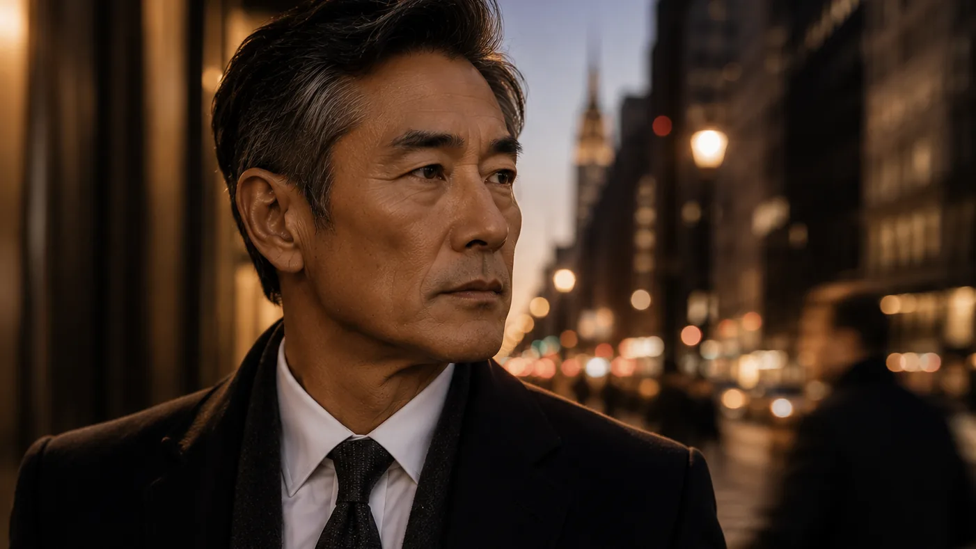 A middle-aged man in a dark suit and scarf on a Manhattan street at dusk