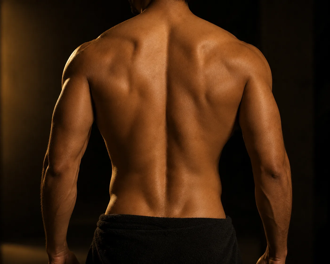 A man's back with defined contours, rim-lit in warm gold