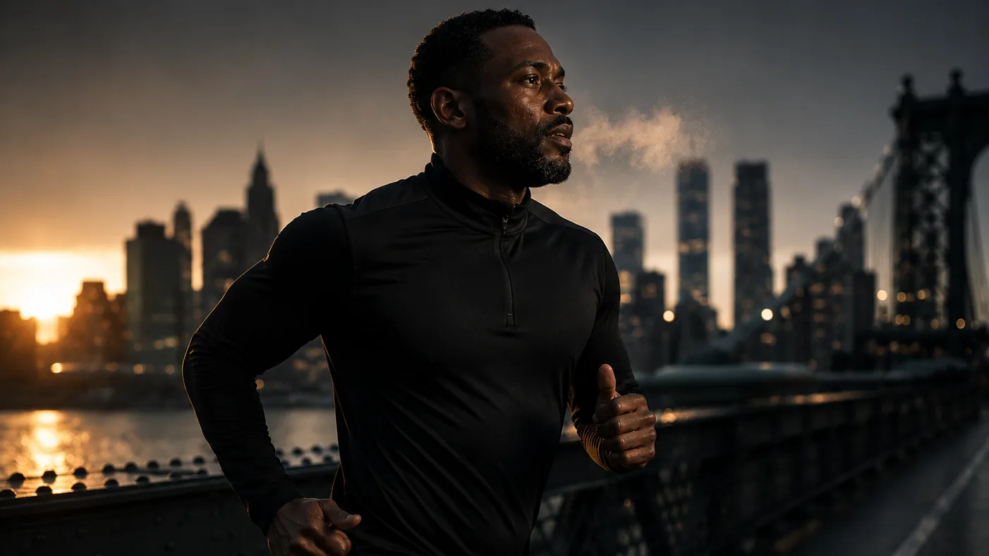 A man running across a New York bridge at sunrise, the skyline behind him