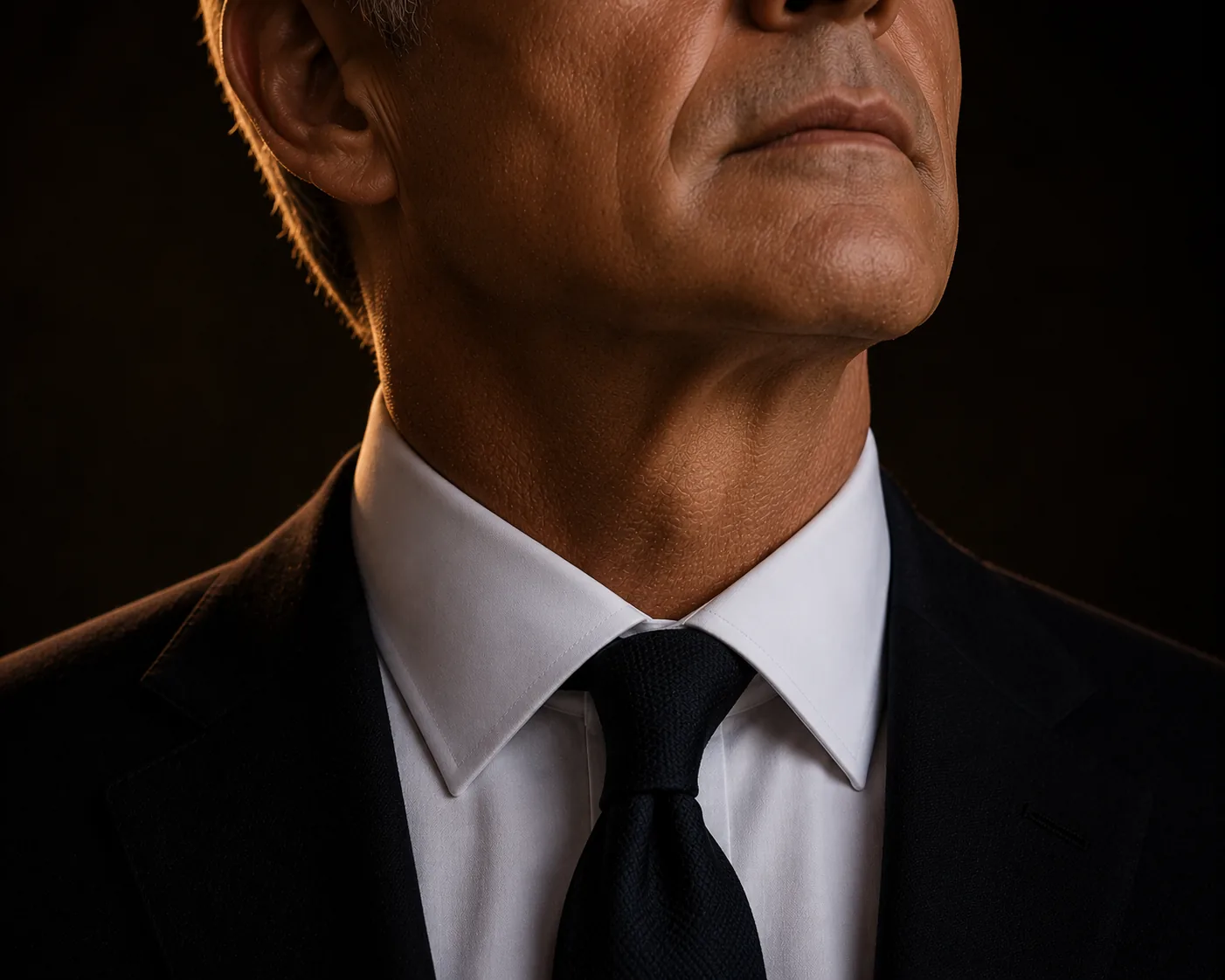 A man in a dark suit and tie with his chin raised, the collar framing a firm neckline