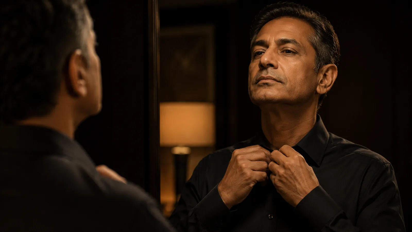 A man fastening his collar in front of a mirror in a warm, lamp-lit room