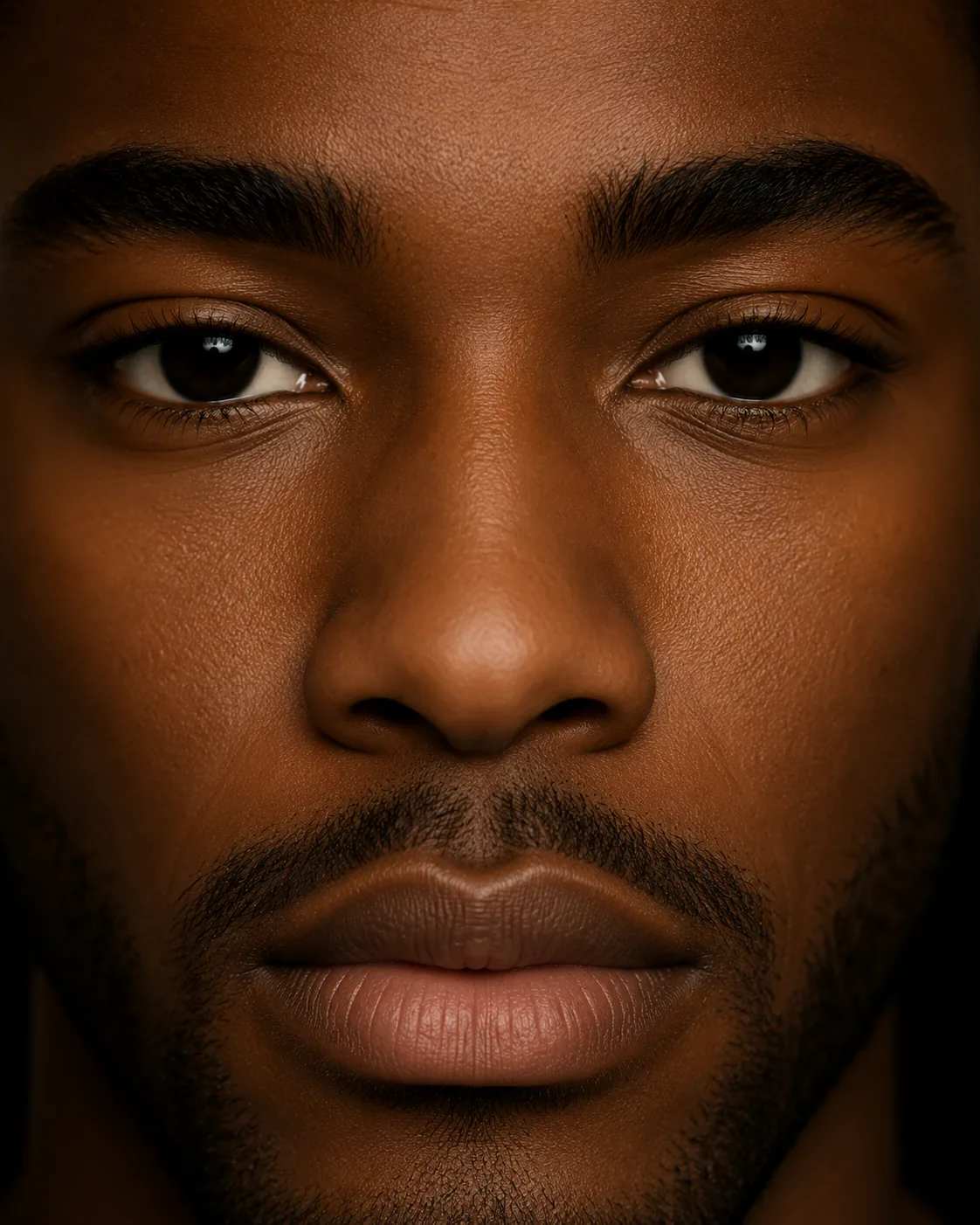 Frontal portrait of a man looking straight ahead, nose and brow evenly lit in warm tones