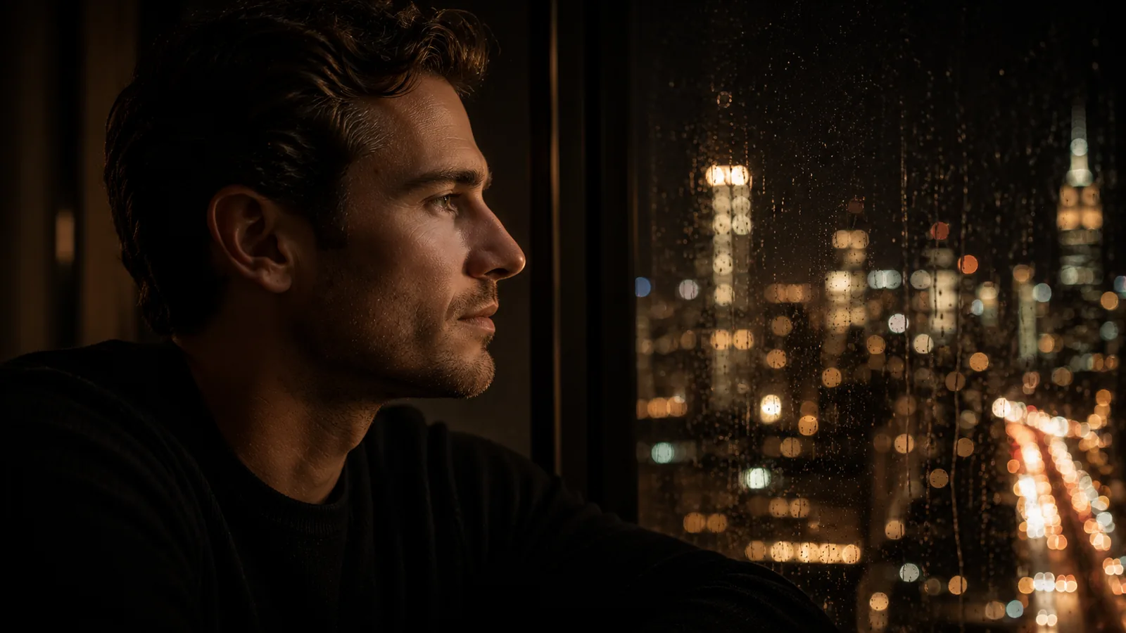 A man beside a rain-flecked window at night, Manhattan traffic lights blurred below