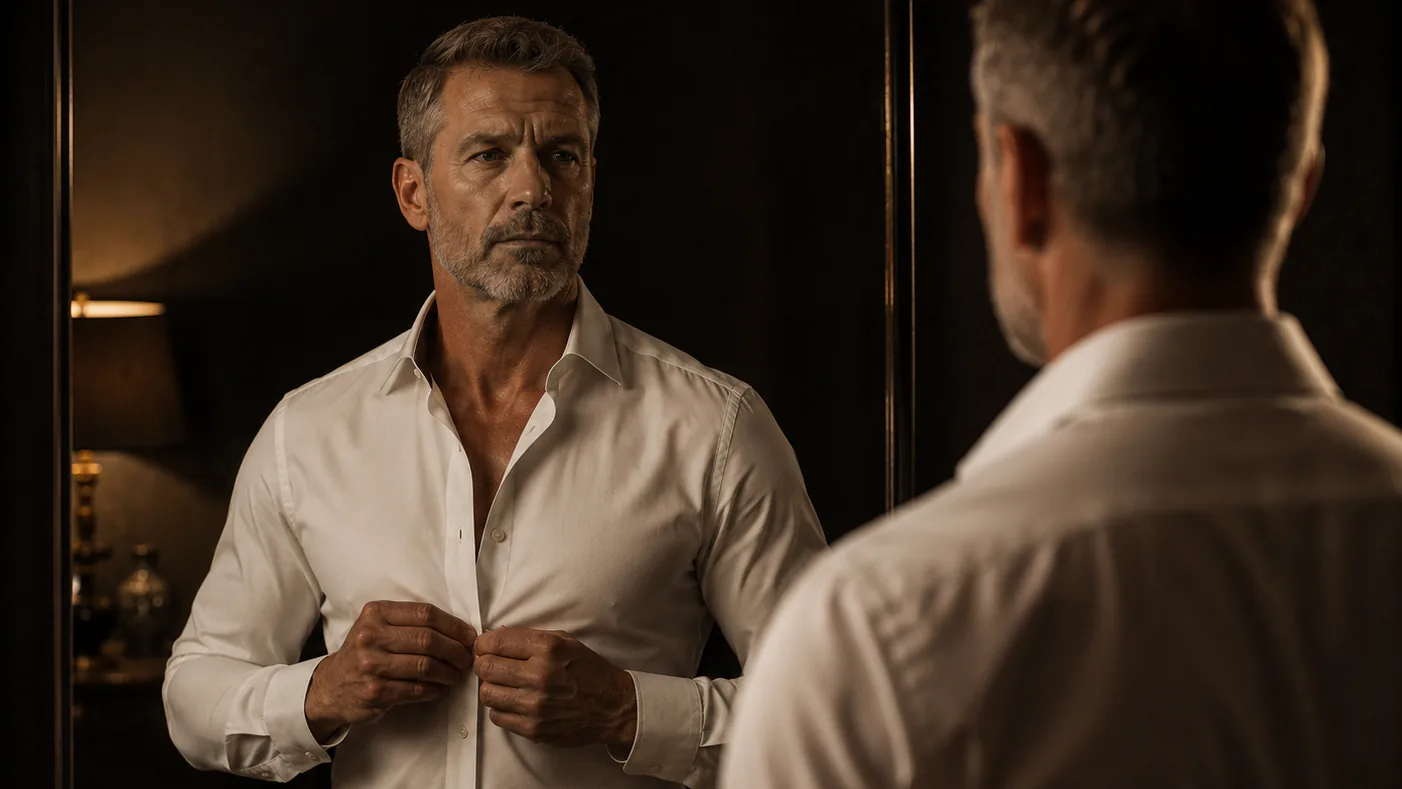 A man buttoning a crisp white shirt in front of a mirror
