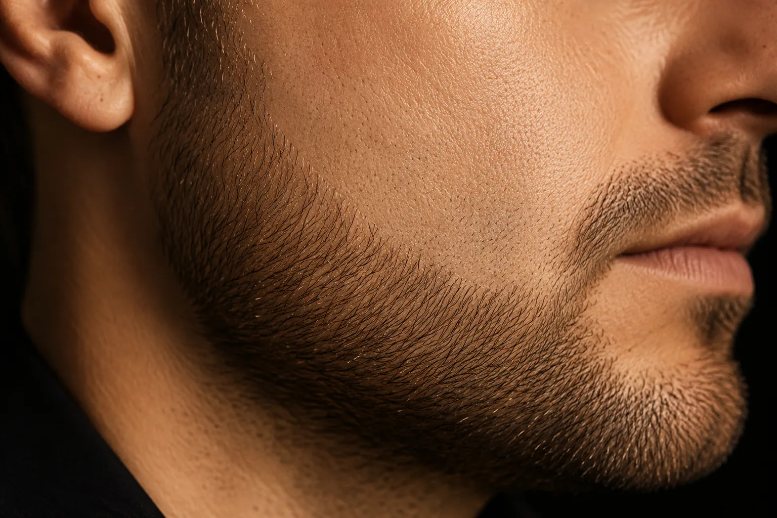 Close view of a man's cheek and stubble in even, warm light