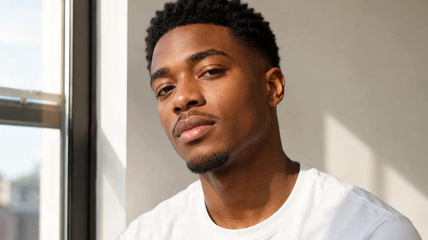 A young man in a white t-shirt in bright window light, his skin clear