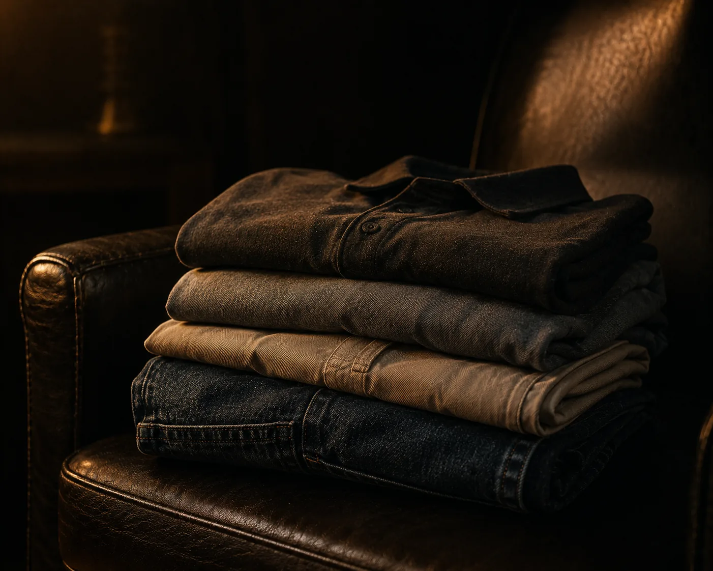 A stack of folded jeans and shirts on a leather chair in warm lamplight