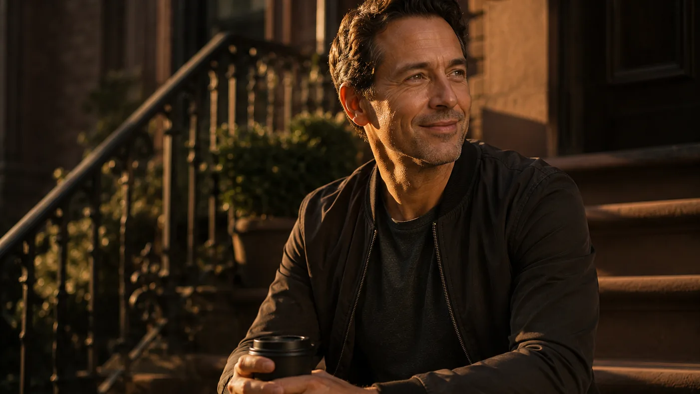 A man having coffee on brownstone steps in the early morning