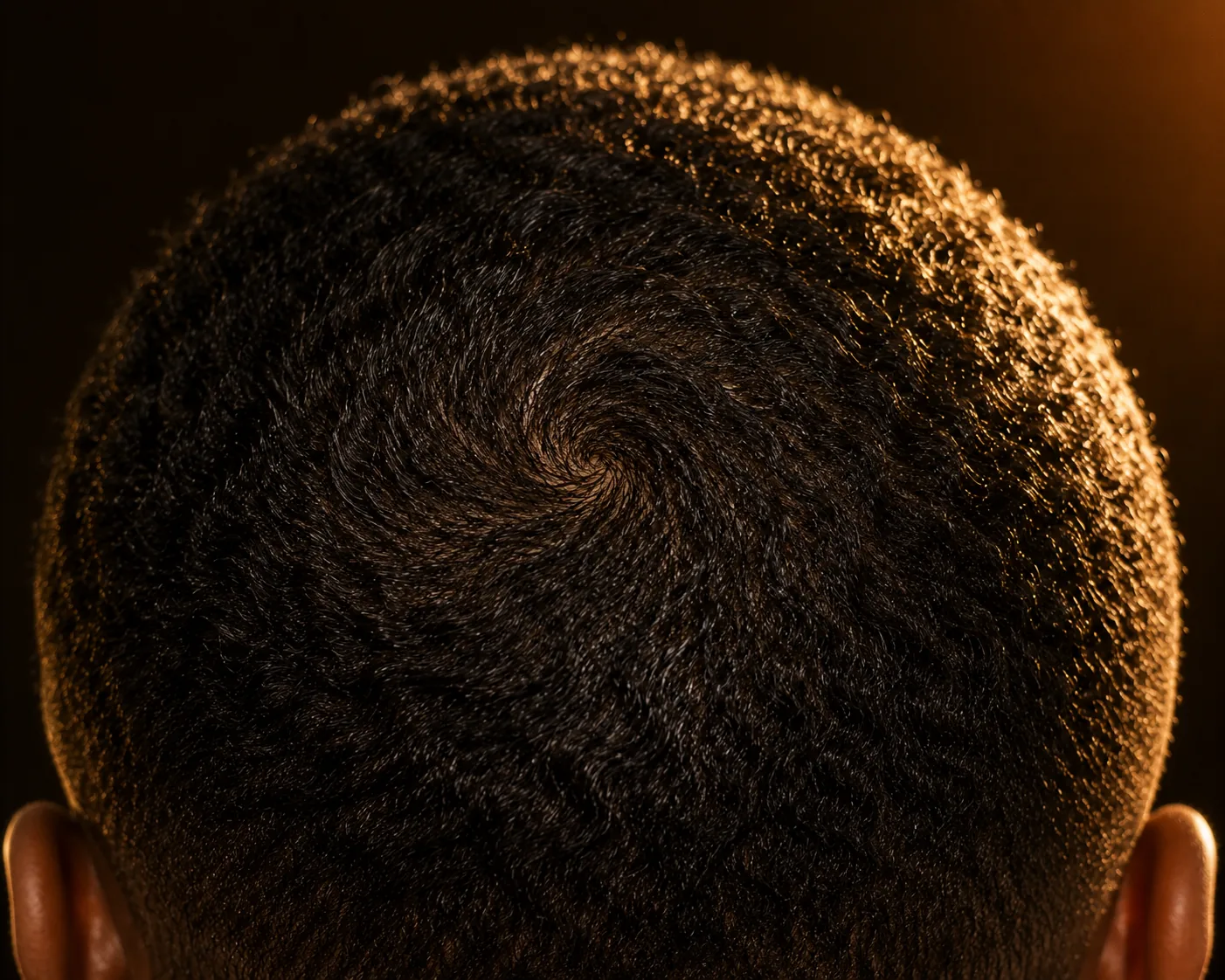 Top-down view of a man's crown and hair whorl in warm light