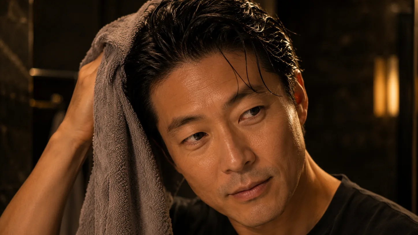 A man toweling his hair dry after a shower in warm light