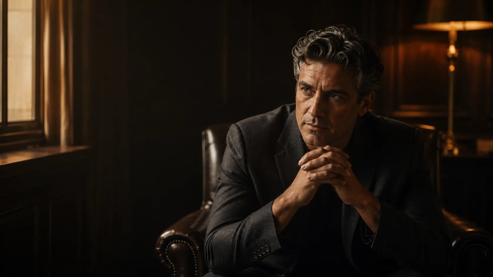 A man in a charcoal jacket sitting forward in a leather armchair in a dark wood panelled room, hands laced together, thinking a decision through