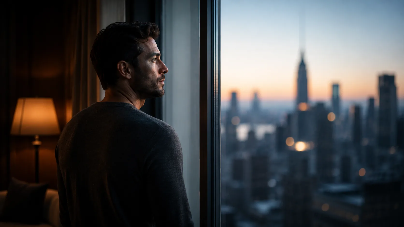 A man in a grey sweater standing at a high floor window, looking out over the Manhattan skyline at first light with the room dark behind him