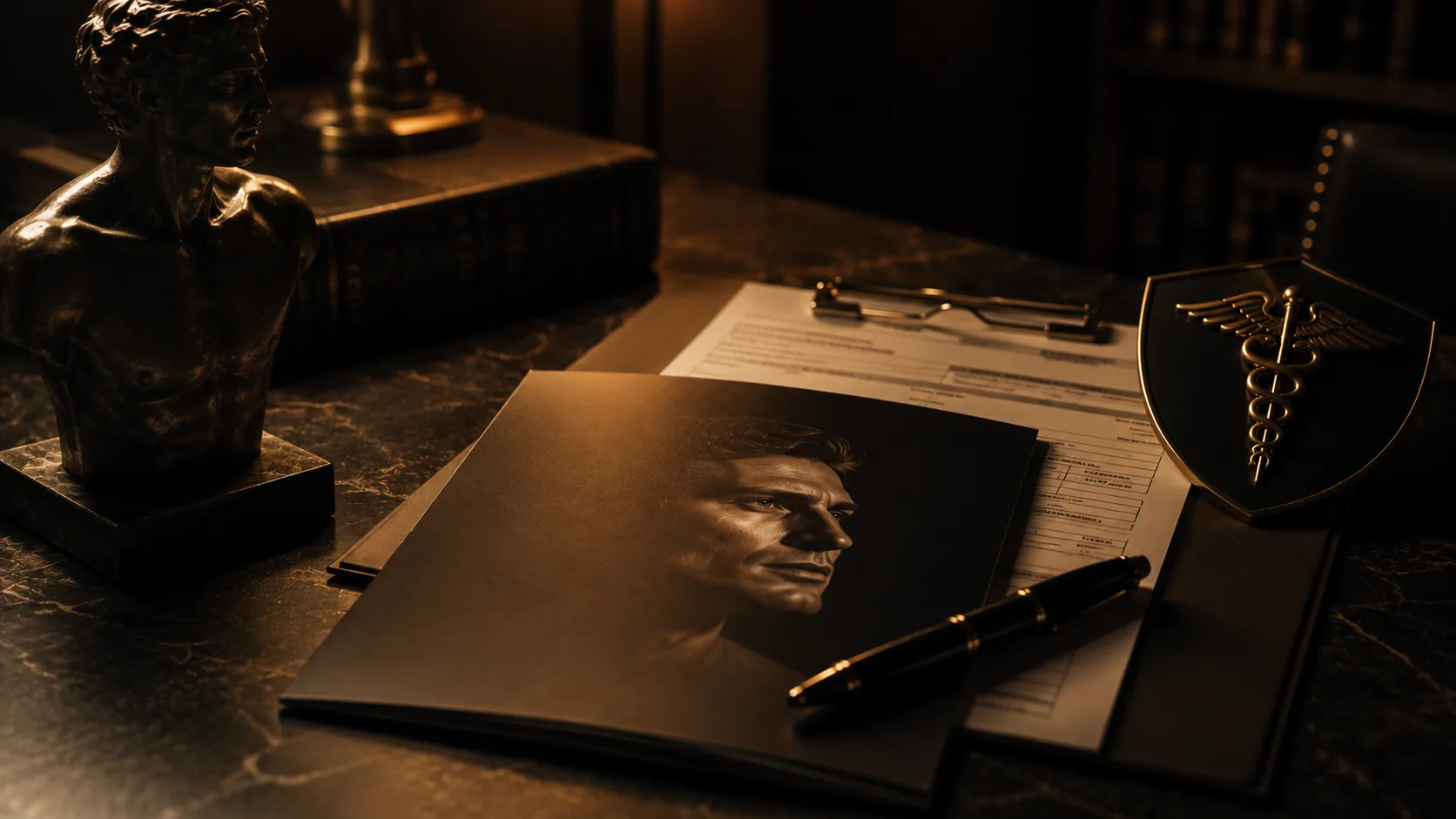 A dark marble desk under warm lamplight with insurance paperwork on a clipboard, folded glasses, a fountain pen and a brass caduceus emblem
