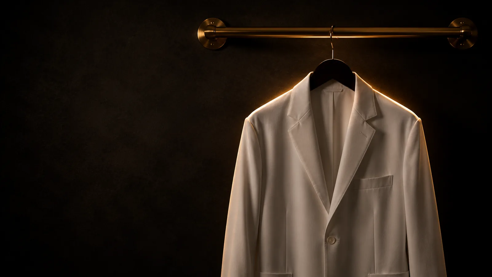 A white physician's coat hanging on a brass rail against a near-black wall